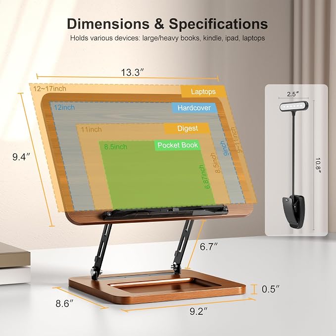 OPTIXCELL Book Stand with Light, Hands Free Book Holder, Gifts Book Lovers | Hands Free, Adjustable Height Angle, Built-in Storage Tray, 3-Mode Reading Light, Foldable Metal Frame, Fits Cookbook Tablet