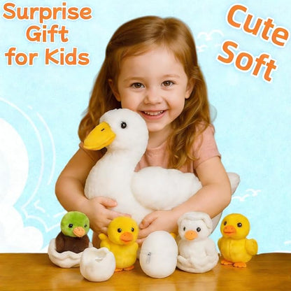 Youthfuljive 7 in 1 Duck Stuffed Animal Plush Duck Toys for Kids Toddlers, 12" Mommy White Stuffed Duck Plush Toy with 4 Baby Ducks Ducklings Eggs Duck Plushie Pillow for Birthday Farm Party