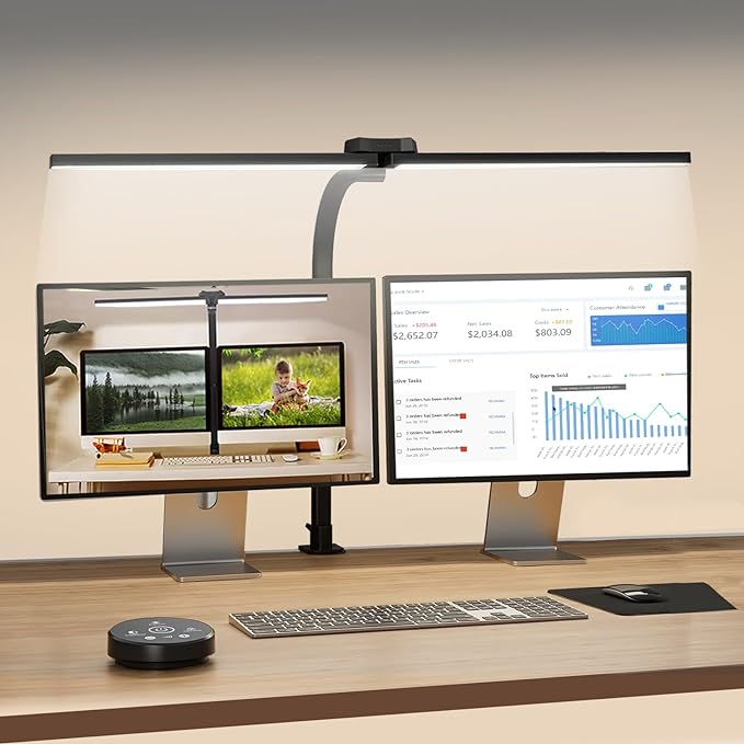 LED Desk Lamp for Office Home, Eye Caring Architect Desk Light with Clamp & Remote Control, Double Head 24W Bright Gooseneck Table Lamp for Dual Screen Computer Monitor Office Lighting Reading Study