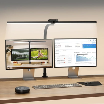 LED Desk Lamp for Office Home, Eye Caring Architect Desk Light with Clamp & Remote Control, Double Head 24W Bright Gooseneck Table Lamp for Dual Screen Computer Monitor Office Lighting Reading Study