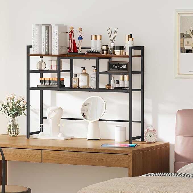 Snughome Desk Shelf, 38.6" Desktop Bookshelf, Desk Hutch Dorm, Countertop Storage Hutch with 5 Shelves for Computer Desk, Multipurpose Wood Desktop Display Organizer Rack for Home Office Dorm