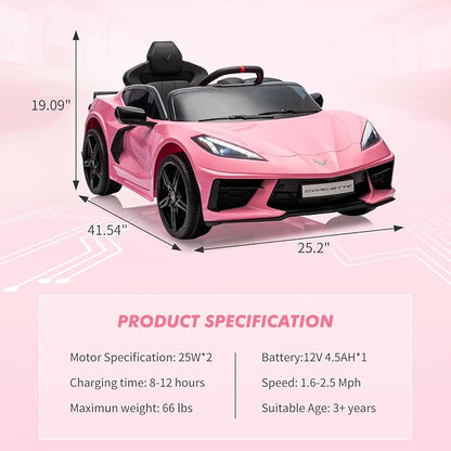 Garvee 12V Kids Ride on Car Licensed Corvette Toddlers Electric Sports Car Ride on Toy with Remote Control, Visual Dashboard, LED Lights, Music for Boys & Girls, Pink