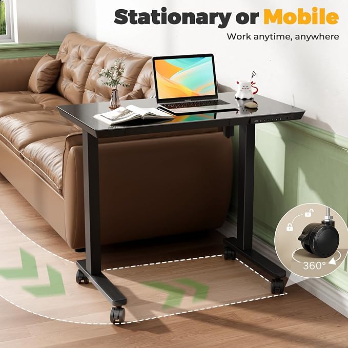 35" Electric Standing Desk with Drawer, One-Piece Glass Top | Quick Install One-Piece Tabletop with USB Charging Ports, Sit Stand Computer Desk with Wheels for Small Space, Black
