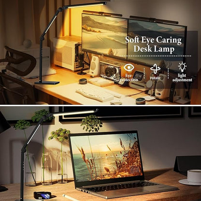 LED Desk Lamp with USB Charging Ports,Creative Touch Reading Light, with Memory Dual Light and Adjustable Swing Arm,15W 4 CCT Eye-Care Modes & 4 Brightness Levels Table Lamp for Home Office-Black