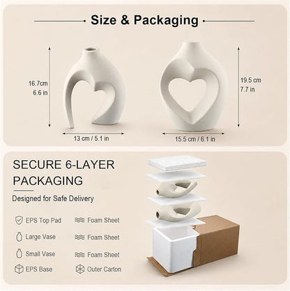 White Ceramic Flower Vase Home Table Decor Heart Shaped Vase Set of 2 | Boho Heart Shaped Minimalist Decorative Vases for coffee Table Centerpiece Wedding Dining Living Room Office House Decoration
