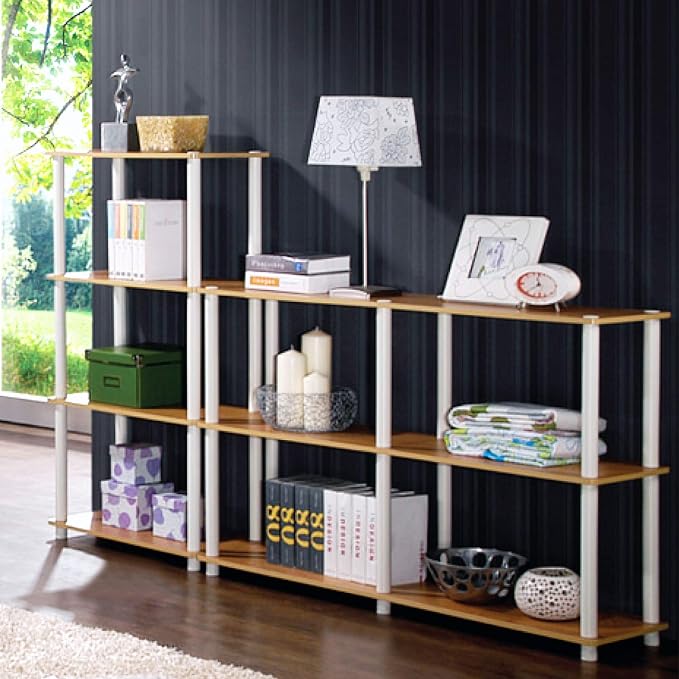 Furinno Turn-N-Tube 4-Tier Multipurpose Shelf Display Rack, Round Tubes, Blonde Maple/White
