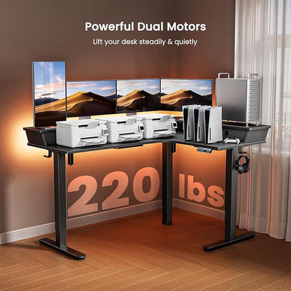 ErGear 65″ L Shaped Gaming Desk with 3 Drawers, Standing Desk Height Adjustable w/Monitor Shelf [C-Clamp Mount Compatible], Corner Stand up Desk w/Cable Management Trays for Home Office, Black