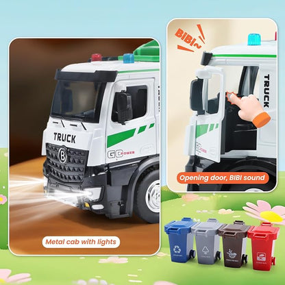 HOLYFUN 12'' Electric Garbage Truck Set with Front Loader/Metal Cab, Friction-Powered Recycling Vehicle with Dumpster, 4 Trash Bins & Sorting Cards, Trash Truck Toy with Lights/Sounds for Kids