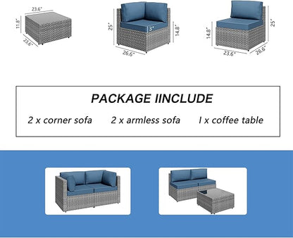 Shintenchi 5 Pieces Outdoor Patio Furniture Sets, Patio Sectional Sofa Couch, Gray PE Wicker Furniture Modular Patio Conversation Sets Patio Sofa with Washable Cushions & Table（Aegean Blue）