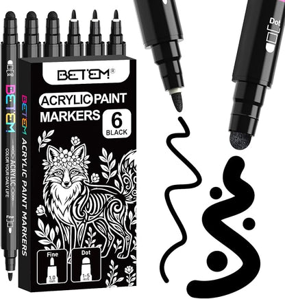 Betem 6 Black Dual Tip Acrylic Paint Markers, Fabric Decorating Kits Premium Water-Based Acrylic Paint Pens Art Supplies for Fabric, Rock, Wood, Glass, Canvas, Ceramic, Teacher Appreciation Gift