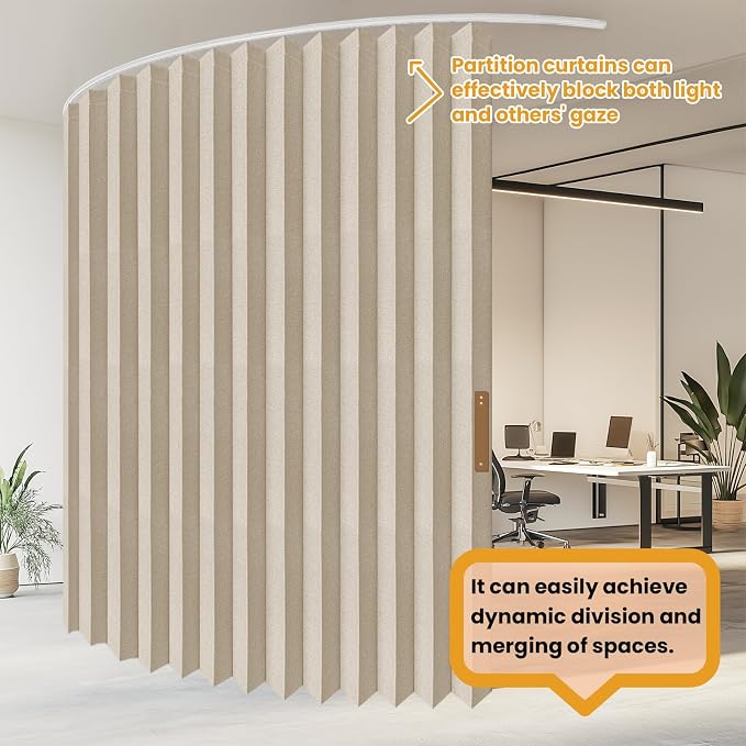 ILRON Accordion Folding Room Partition with Ceiling Track - Retractable Room Divider Curtain, Effortless Setup(Beige 180" W x 96" L-Pack of 1)