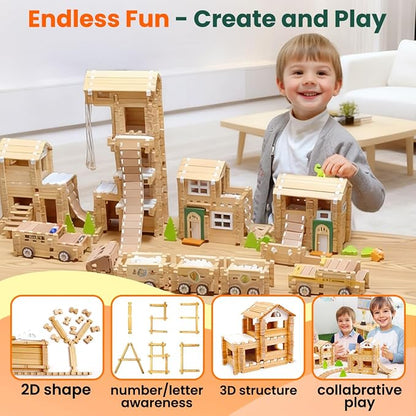 Jovi-mindly＆Notchies New 206 PCS Wooden Blocks Wooden Toys with House and Car, Preschool Learning Toys Wood Blocks Building for Kids Ages 4-8 Creative Construction Game,Birthday Toys Gifts