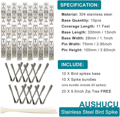 Bird Spikes Cover 11Feet Stainless Steel Pigeons Spikes Small Bird Spikes for Roof Fence Window Mailbox(10pcs)