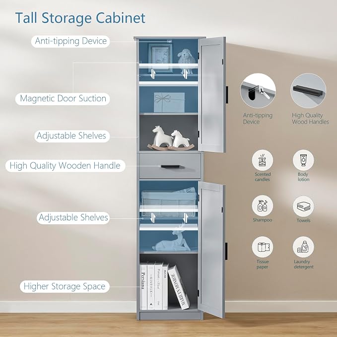 usikey 67“ Tall Bathroom Cabinet, Storage Cabinet with 4 Shelves & 2 Doors, Narrow Storage Cabinet for Bathroom, Living Room, Home Office, Greige