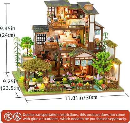 DIY Miniature House Kit with LED Lights, Bamboo Spring Courtyard Wooden Mini House Building Kit for Adults & Teens, Creative Crafts for Women, Friends & Hobbyists