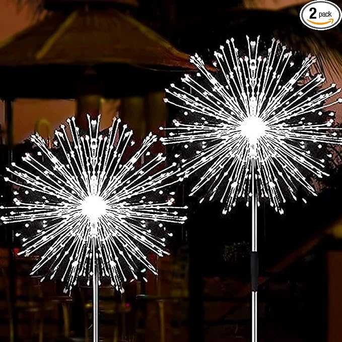 JJGoo Solar Firework Lights, 2 Pack 120 LEDs 2 Lighting Modes Solar Garden Lights Outdoor Waterproof for Yard Patio Walkway Pathway Party Wedding Christmas Decorative- Cool White