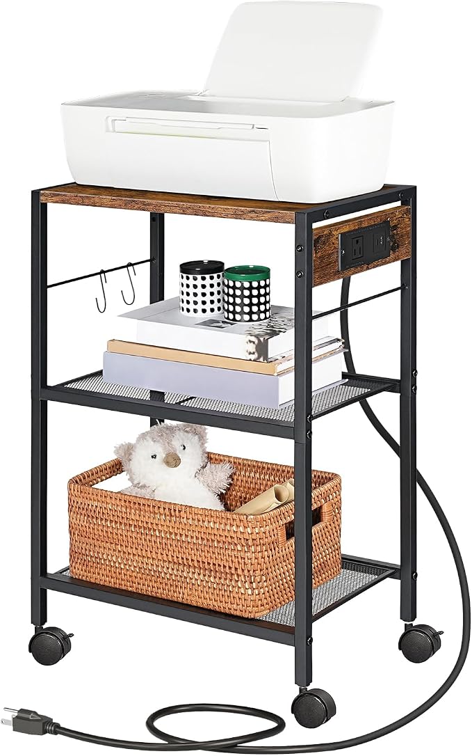 HOOBRO Industrial Printer Stand, 3-Tier Mobile Printer Table, Rolling Cart with Power Outlets and USB Ports, Home Printer Stand with 2 Hooks, for Office, Living Room, Rustic Brown BF22UPS01