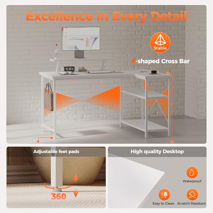 Mericonia 55 in L Shaped Gaming Desk, Large Corner Desk with Monitor Stand | Reversible Computer Desk with Power Outlets, LED Light & Storage Shelves, Office Table for Home Bedroom Study Work Writing