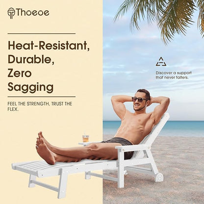 Patio Chaise Lounge Chair Set of 2, Oversized Lounge Chair Outdoor with 5 Positions, HDPE, Patio Lounge Chair with Wheels & Cup Holder for Pool, Deck, Poolside,White