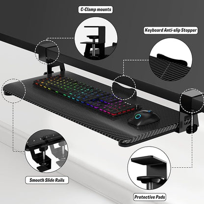 ERGOMAKER Keyboard Tray Under Desk, Pull Out Keyboard Tray with C Clamp Mount, 25.6" (29.7" Including Clamps) x 11.8" Slide-Out Computer Drawer for Typing, Keyboard & Mouse Tray, Black Carbon Fiber