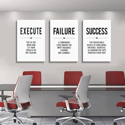 Framed Canvas Wall Art Success Quote, Office Wall Art, Black Large Poster, Positive Motivational Set of 3 Prints, Execute Failure Success Poster, Inspirational Print (D-3pcs,16x24inchx3pcs)