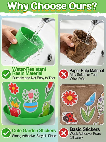 Cosweet 12 Pack Durable Resin Garden Pot Craft Kit for Kids | Colorful Flower Plant Crafts with Trays, Stickers & Blank Labels, Art Activities for Classroom School Home DIY Gifts 4+ years