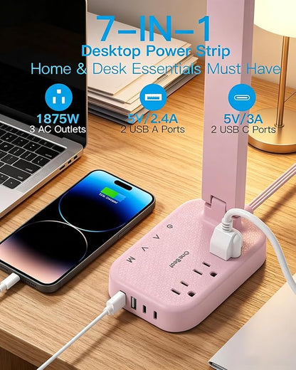 LED Desk Lamp, Power Strip with 4 USB 3 Outlets, Dorm Room Essentials, Pink | One Beat 4 Modes 5 Level Brightness Touch Lamp, Small Desk Lamp for Home Office College Dorm Essentials, Study Reading Light