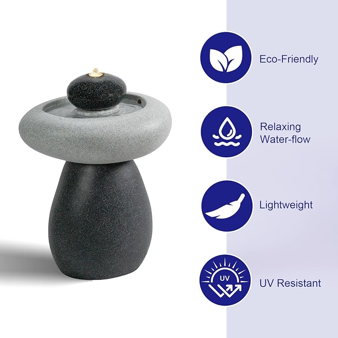 24.02" H Outdoor Water Fountain Made with Eco-Friendly Recyclable Materials, Polyethylene Rock Waterfall Outdoor Fountain, Garden Decor with LED Light & Pump for Patio, Backyard