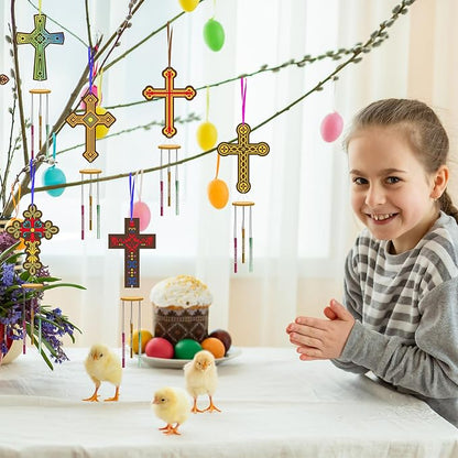 Fennoral 9 Pack Cross Wind Chime Kit for Kids Make You Own Sunday School Craft for Kids Wooden DIY to Paint for Art Activities Christian Mom's Gifts Birthday Sunday School Decoration
