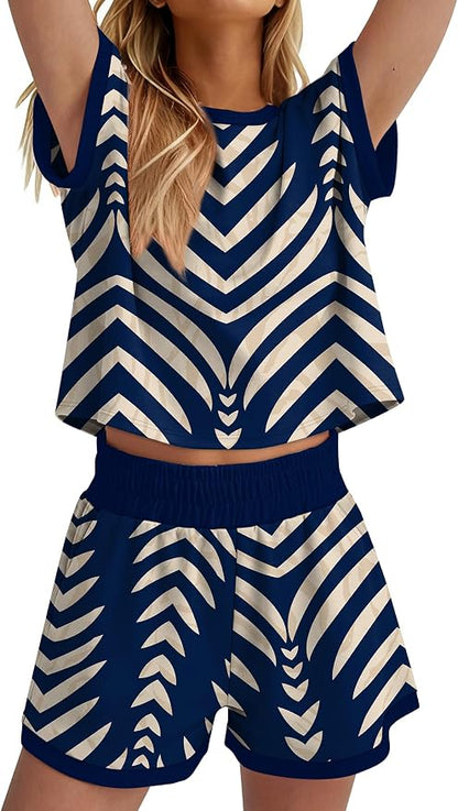 WIHOLL Two Piece Sets for Women Summer Lounge Short Sets Cap Sleeve Crew Neck Sweatsuit with Pocket XS-2XL