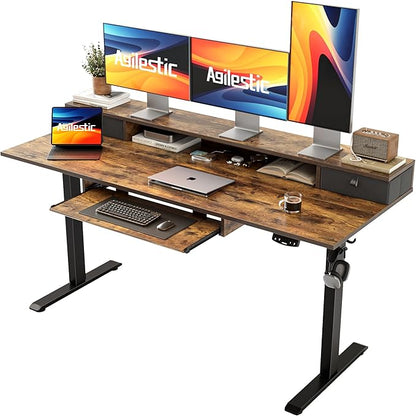 Electric Standing Desk with 2 Drawers and Keyboard Tray, 63 x 24 Inches Ergonomic Adjustable Height Desk with Storage, Sit Stand up Desk Computer Workstation, Rustic Brown