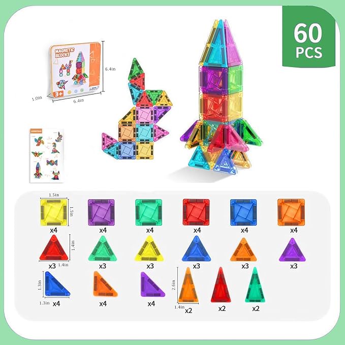 60PCS Mini Magnetic Tiles Building Blocks Set with Portable Iron Case, STEM Travel Toys for Kids Ages 3+, Educational Magnet Construction Puzzles for Boys and Girls,Toddler Puzzle Birthday Gift Toys