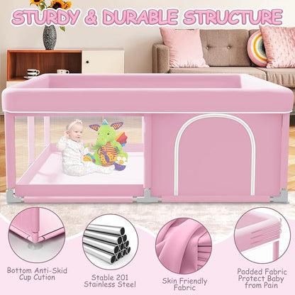 XVISHX Baby Playpen 50 x 50 Inch Play Pen Playards, Playpen for Babies and Toddlers, Baby Playard for Indoor & Outdoor Active Center Game Fence, with Skin-Friendly Fabric and Soft Breathable Mesh Pink