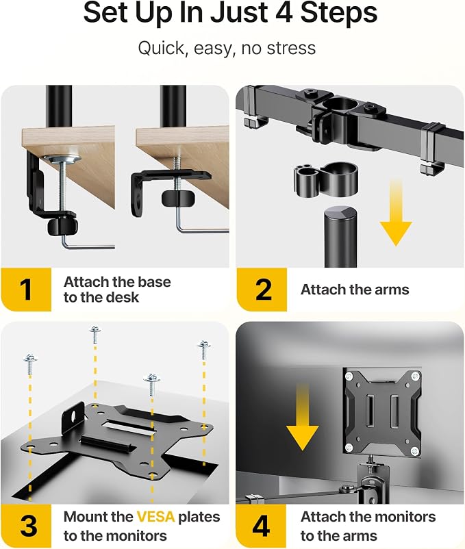 monTEK Triple Monitor Stand for 17-32" Screens, 22 lbs Each | Three-screen desk mount, height adjustment, tilt, swivel, rotation, clamp/grommet bases and VESA 75/100