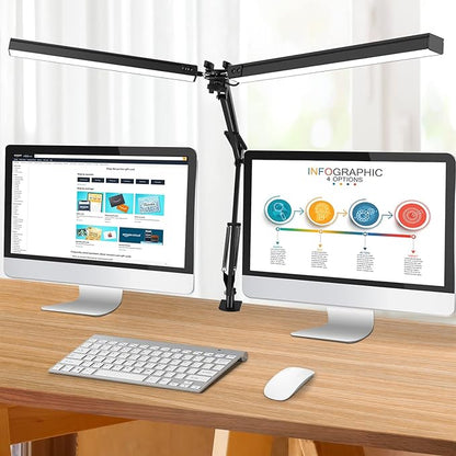 LED Desk Lamp with Clamp, Super Bright Double Head Desk Lamps for Home Office, 5 Color Modes, 10%~100% Dimmable Brightness, Architect Task Desk Light, Modern Swing Arm Workbench Desk Lighting