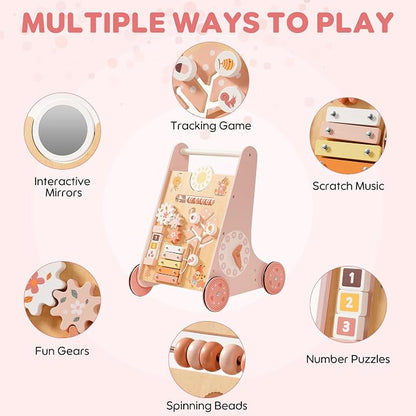 ROBUD Wooden Baby Walker, Baby Push Walker with Activity Center and Storage, Montessori Walker Toy for Boys and Girls Learning to Stand and Walk, Pink