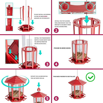 Birdream Bird Feeders for Outdoor Hanging, Fun Installation Pagoda Design Wild Birdfeeder, Attracting Wild Birds Sparrows Finch Cardinal Goldfinch Chickadee - Red