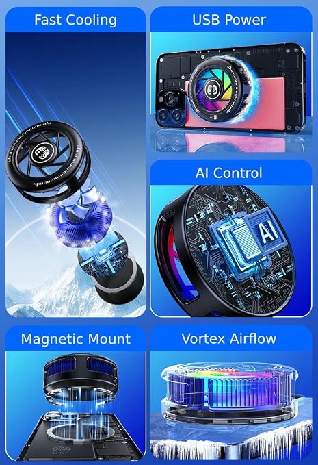 Phone Cooler for Gaming, Low Noise USB Cell Phone Cooler with Smart Temp Control, Phone Cooling Fan with RGB LED Lights, Magnetic Ring & Clip Fan for Phone Gaming & Streaming
