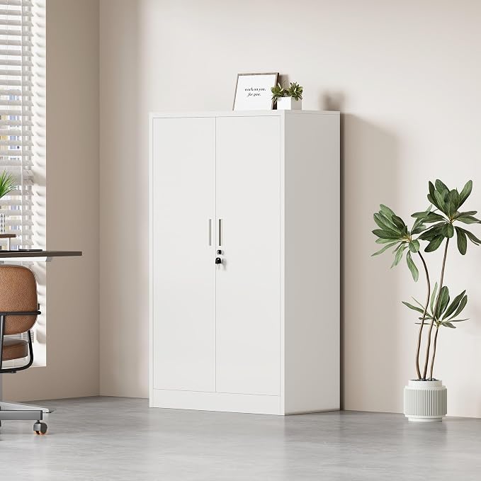 Metal Storage Cabinet with Locking Doors and 3 Adjustable Shelves, Lockable Storage Cabinets for Home Office Garage Kitchen Pantry (White)