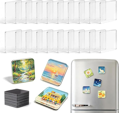 20 Pcs 2x2 Inch DIY Fridge Acrylic Magnet Kit with Strong Adhesive Backing, Square Clear Acrylic Magnetic Set for Crafts, Photo, Kitchen, Cabinets, Party, Classroom & Office