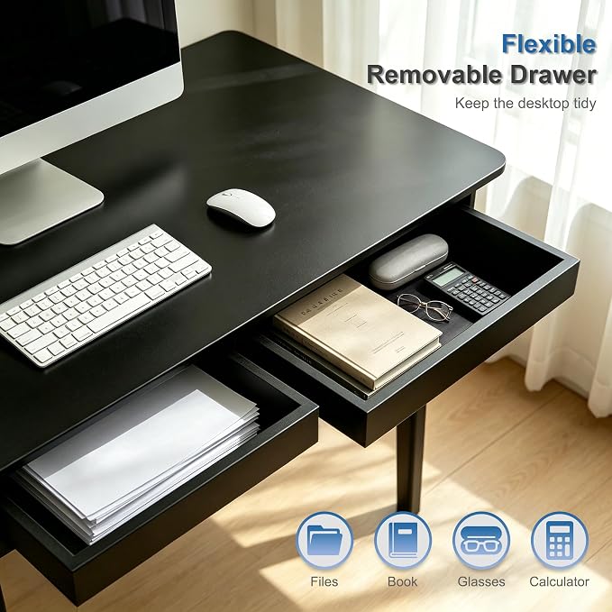 Nnewvante Bamboo Writing Desk, 46" Computer Desk with Drawers, Black | Modern Simple Desk with Storage for Home Office Bedroom