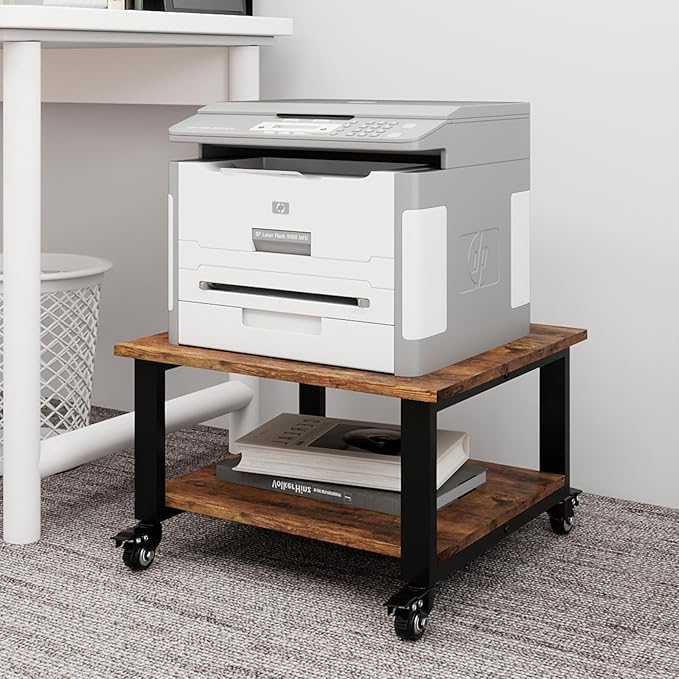 Natwind 2 Tier Laser Printer Stand,19.7''x19.7''x12.6'' Large Printer Table Copier Stand Under Desk,Heavy Duty Rolling Cart with Paper Storage Shelf,Printer Holder on Wheels for Home Office (Retro)