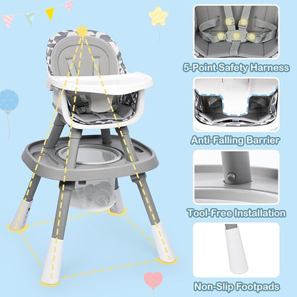Xilingol 15-in-1 Convertible High Chair, 2-in-1 Baby Highchair & Activity Center W/Toys, Booster Seat | Building Block Table | Toddler Chair W/Removable Tray & 5-Point Harness & 2-Layer Cushion(Grey)