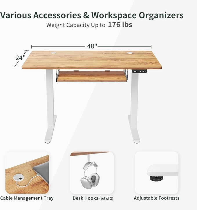 BANTI 48" x 24" Height Adjustable Electric Standing Desk with Keyboard Tray, Sit Stand up Desk with Splice Board, White Frame/Light Rustic Brown Top