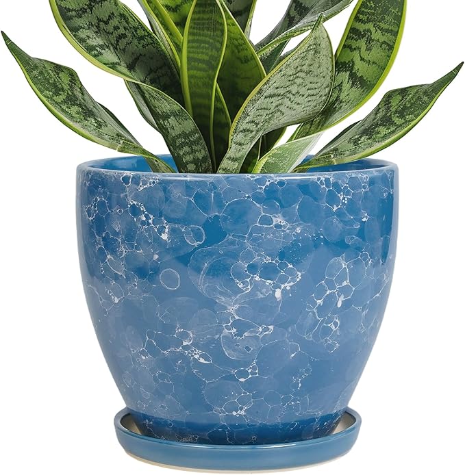 Ceramic Pots for Plants - 6.3 Inch Planter with Drainage Hole and Plant Tray, Decorative Succulent Pot, Round Flower Planter for Indoor, Garden Living Room Decor, Gifts for Plant Lovers, Blue