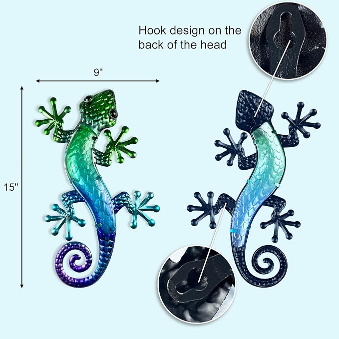 HONGLAND Metal Gecko Wall Art 15 Inch Lizard Outdoor Decor Lizards Garden Sculpture for Yard Fence 2 Pack