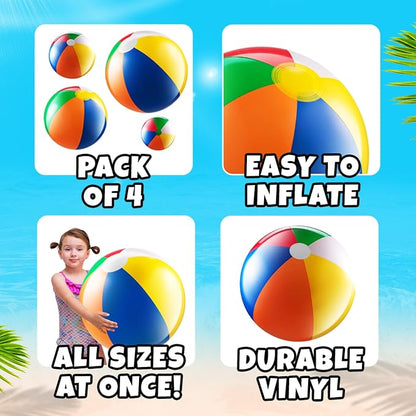 4-pcs Assorted Sizes Inflatable Beach Balls - Small & Large Rainbow Beach Balls For Kids In 6", 12", 16", 24" Sizes - Colorful Blow Up Pool Toys For Beach Games, Summer Party Decoration & Outdoor Fun