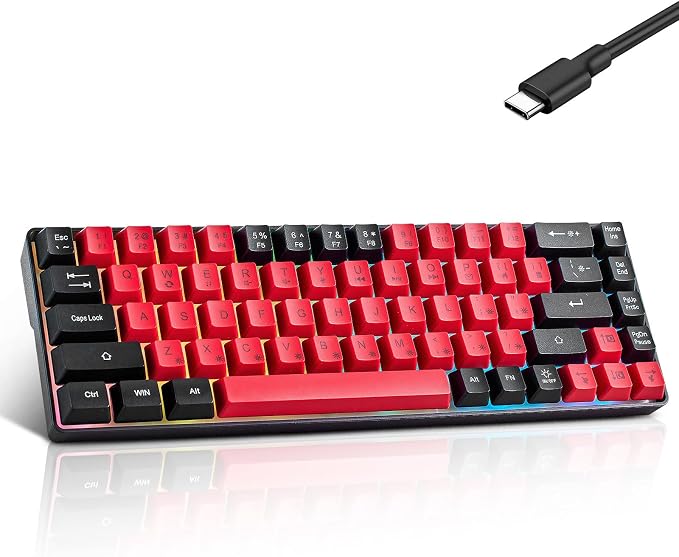Wired Portable 60% Mechanical Feeling Gaming Keyboard,RGB LED Backlit Compact 68 Keys Mini Wired Office Keyboard for Windows Laptop PC Mac Gamer, Typist, Travel on Business Trip- Red and Black