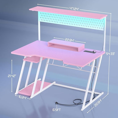 Gaming Computer Desk with Outlets and Storage Shelves, Pink Gaming Desk with Hutch and LED Lights, PC Gaming Desk with Pegboard for Bedroom, Carbon Fiber Pink, 47''
