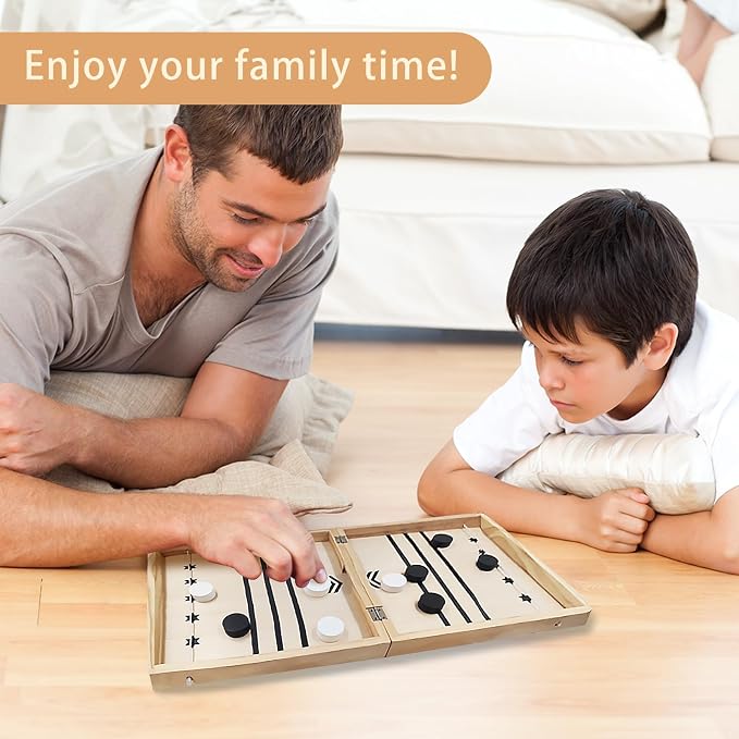 4 in 1 Wooden Fodable Fast Sling Puck Game Set – Chess, Tic Tac Toe, Checkers Board Game for Kids & Adults, Portable Tabletop Family Toy for Travel & Game Night